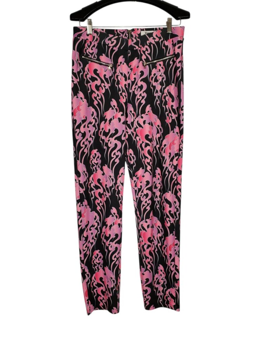 Tiger Mist Flame Fire Print Pants Women's L Black Pink AOP Retro Y2K Stretch